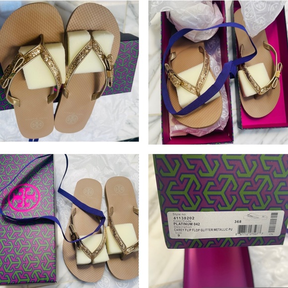TORY BURCH GOLD GLITTER / METALLIC LEATHER DRESSY FLIP FLOP WITH ACCENT BOW LOGO - Picture 6 of 15